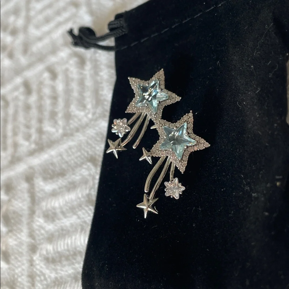 Zirconia Star Silver Starburst Earrings Crystal blue topaz